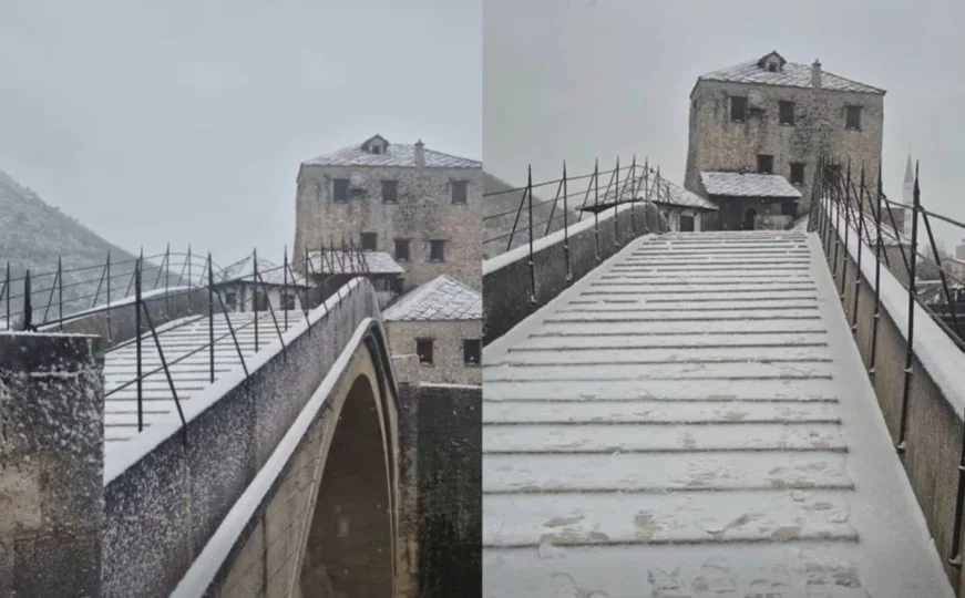 Mostar pod bijelim prekrivačem: Snijeg rano ujutro počeo padati, temperatura u minusu