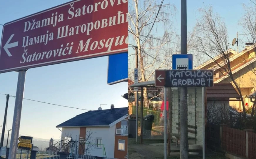 Sraman čin: Oštećen putokaz koji je upućivao na džamiju, kroz ispisano 'Katoličko groblje'