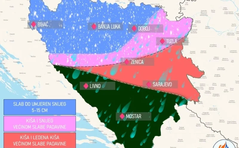Sneg ili kiša? Pogledajte najnoviju mapu padavina u BiH