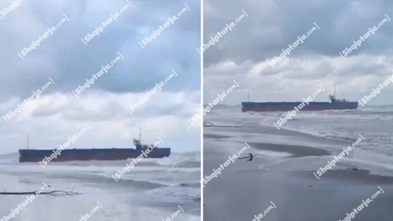 VIDEOLAJM/ Teretni brod zapao kod obala Talesa u Lezhë, zaustavio se usled uzburkanog mora, ali ostao zaglavljen u plićaku